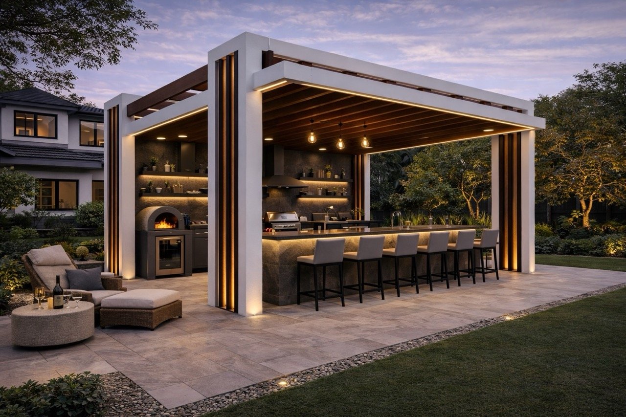 Modern backyard kitchen design example 7